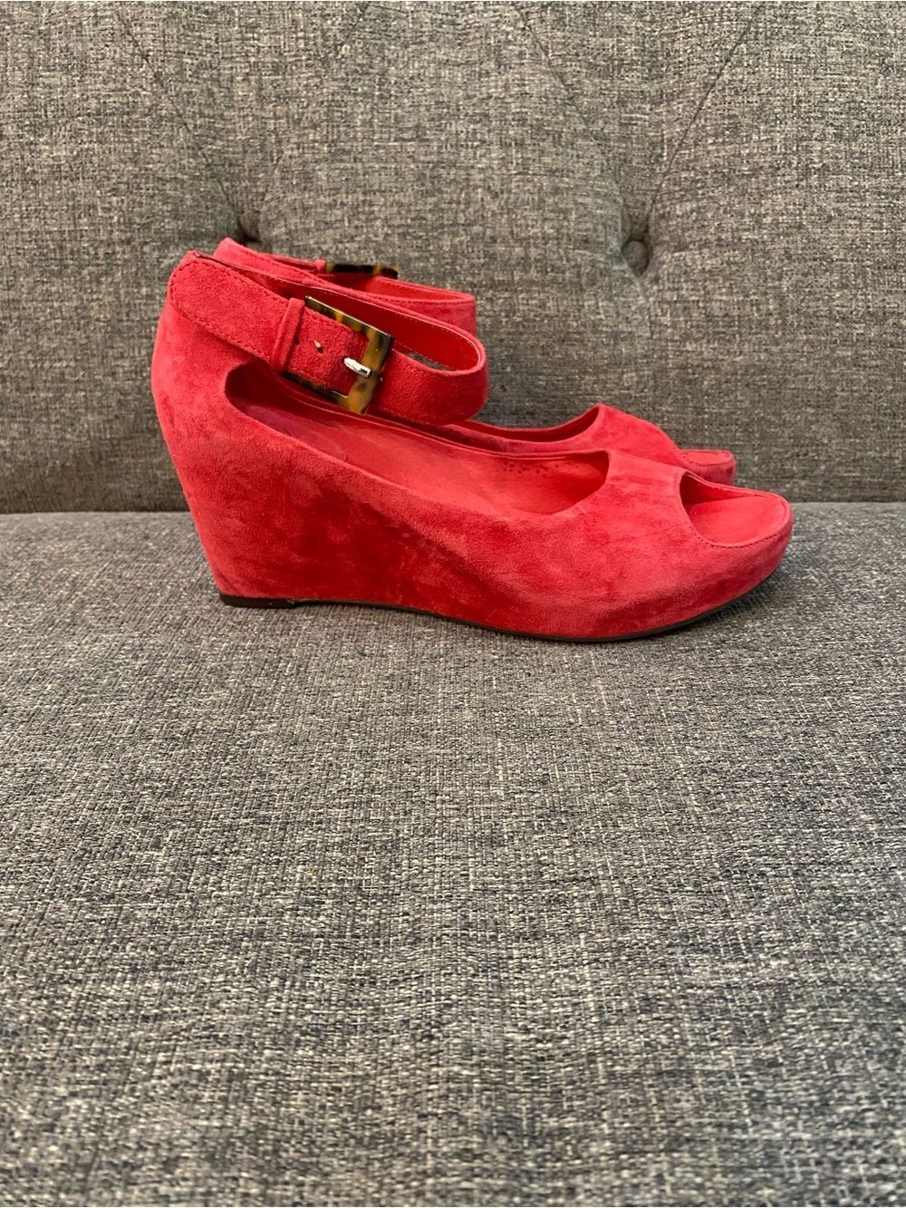 Johnston & Murphy Red Suede Peep-Toe Wedge Sandals with Ankle Strap